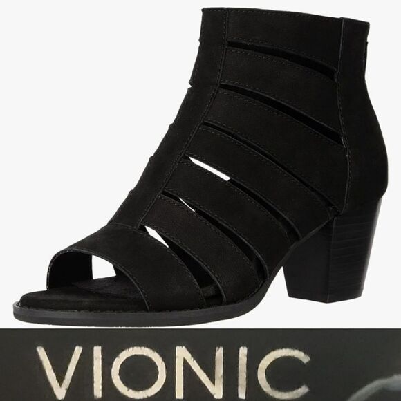 VIONIC CUTOUT BLACK LEATHER HEELED BACK ZIP BOOTIES HEELS BOOTS 9 - Picture 1 of 9